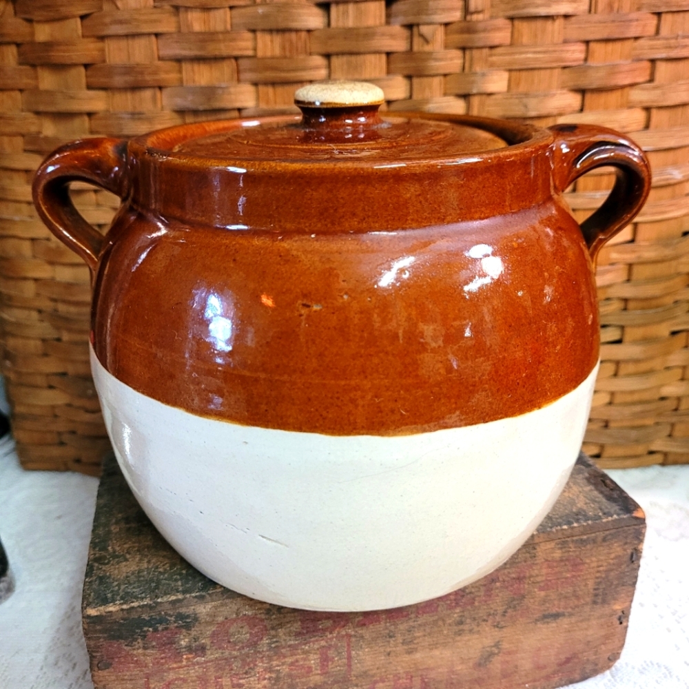 Stoneware Pottery Crock Bean Pot Vintage Rustic Farmhouse